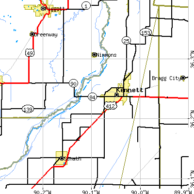 Zip code 63857 close-up map