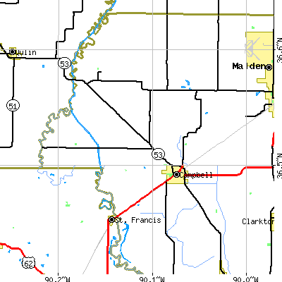 Zip code 63933 close-up map