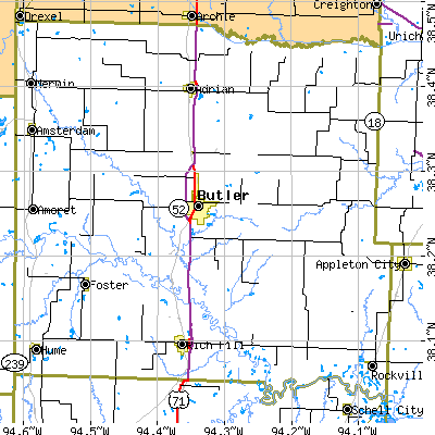 Zip code 64730 close-up map