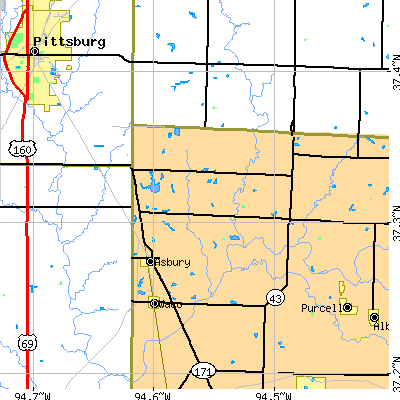 Zip code 64832 close-up map
