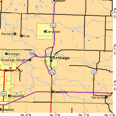 Zip code 64836 close-up map