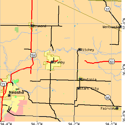 Zip code 64844 close-up map