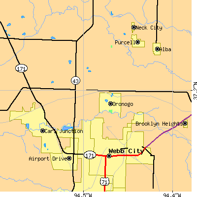 Zip code 64870 close-up map
