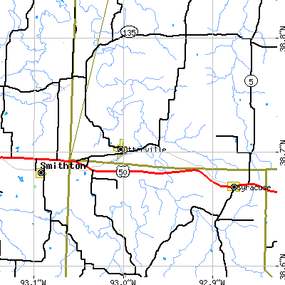 Zip code 65348 close-up map