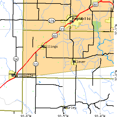 Zip code 65610 close-up map