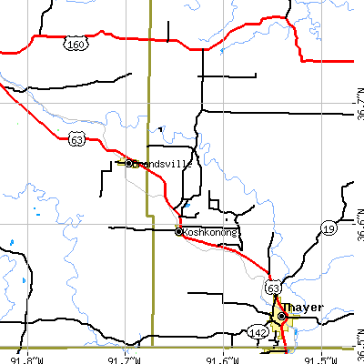 Zip code 65692 close-up map