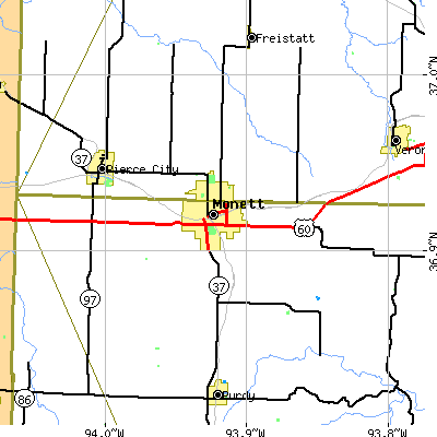 Zip code 65708 close-up map