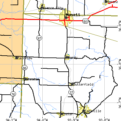 Zip code 65734 close-up map