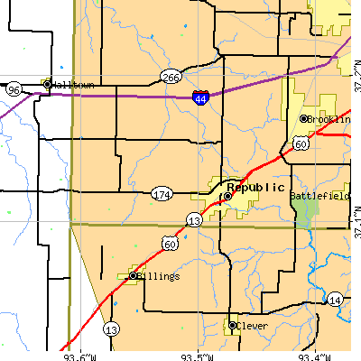 Zip code 65738 close-up map