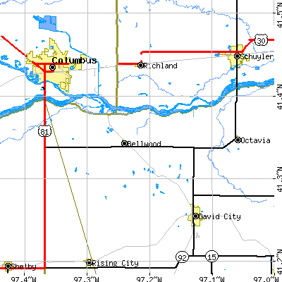 Zip code 68624 close-up map