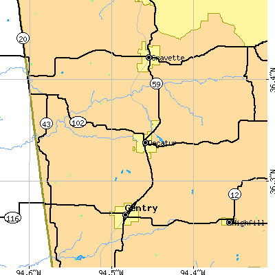 Zip code 72722 close-up map