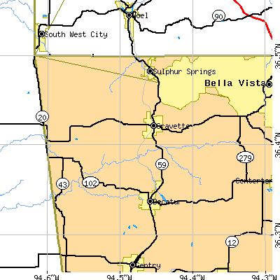 Zip code 72736 close-up map