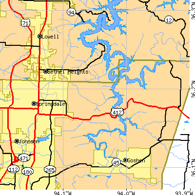 Zip code 72764 close-up map