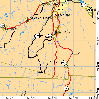 Zip code 72774 close-up map