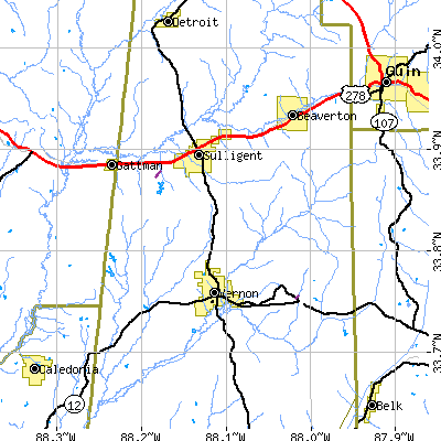 Zip code 35586 close-up map