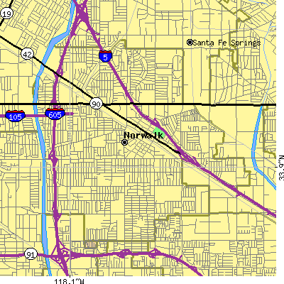 Zip code 90650 close-up map