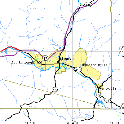 Zip code 14760 close-up map