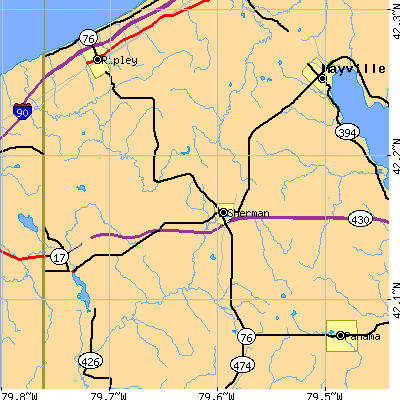 Zip code 14781 close-up map
