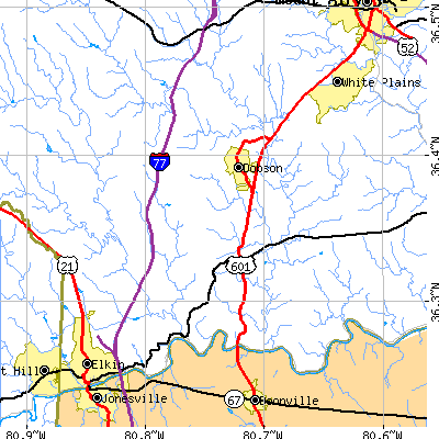 Zip code 27017 close-up map