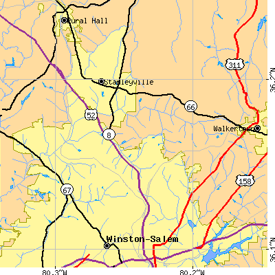 Zip code 27105 close-up map