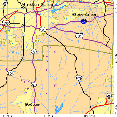 Zip code 27107 close-up map