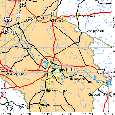 Zip code 27834 close-up map