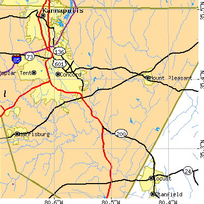 Zip code 28025 close-up map