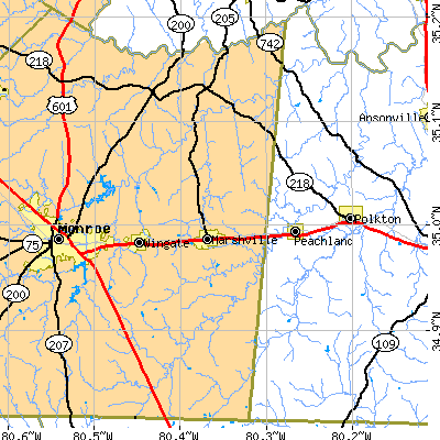 Zip code 28103 close-up map