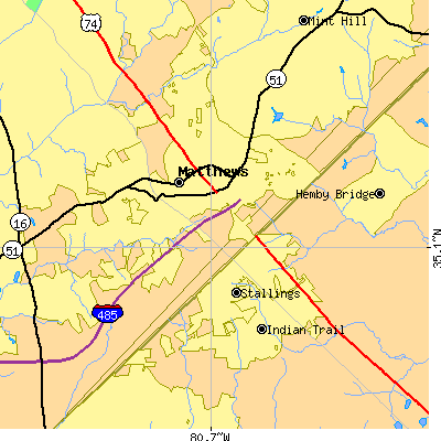 Zip code 28105 close-up map