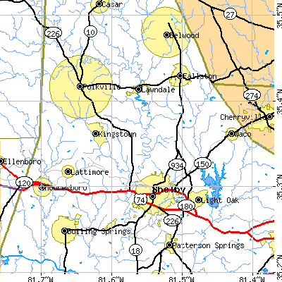 Zip code 28150 close-up map