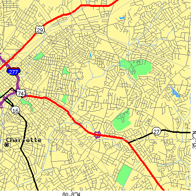 Zip code 28205 close-up map