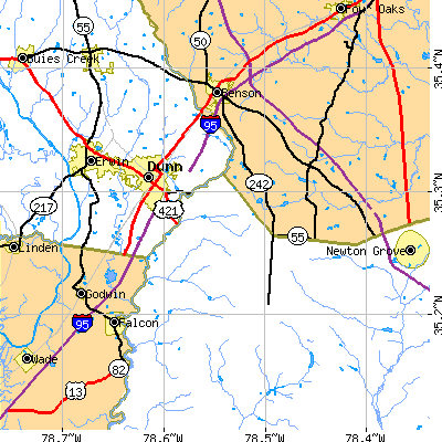Zip code 28334 close-up map