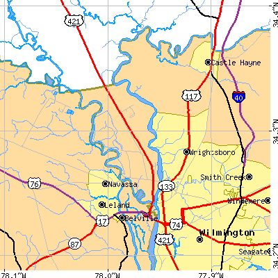 Zip code 28401 close-up map