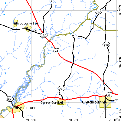 Zip code 28438 close-up map