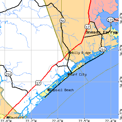 Zip code 28445 close-up map