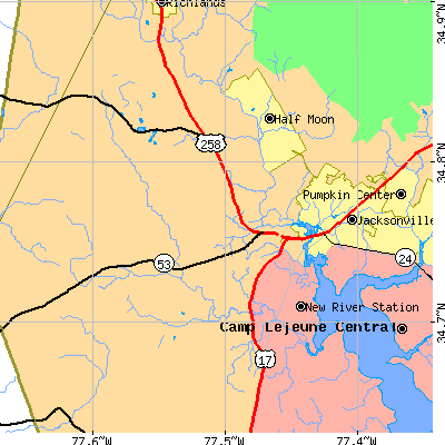 Zip code 28540 close-up map