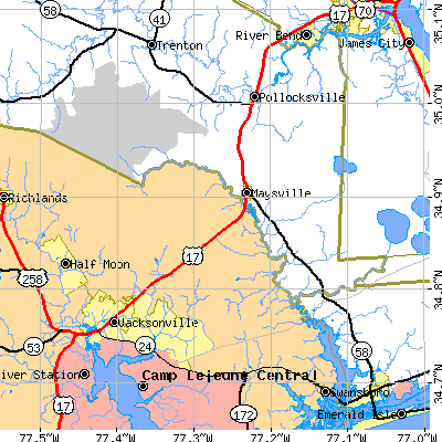 Zip code 28555 close-up map