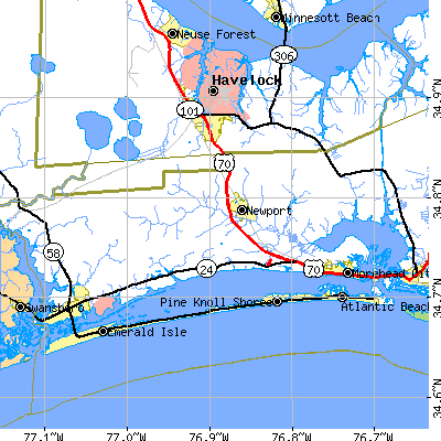 Zip code 28570 close-up map