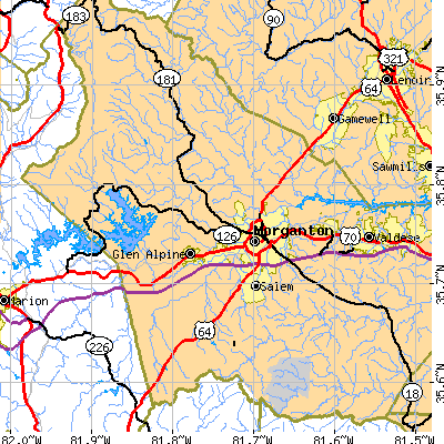 Zip code 28655 close-up map