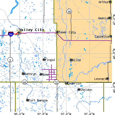 Zip code 58031 close-up map