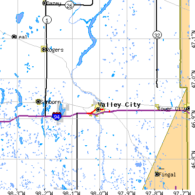 Zip code 58072 close-up map