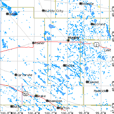 Zip code 58368 close-up map