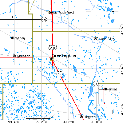 Zip code 58421 close-up map