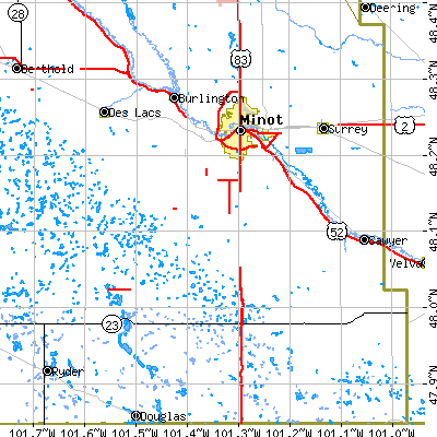Zip code 58701 close-up map