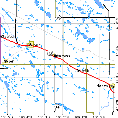 Zip code 58710 close-up map