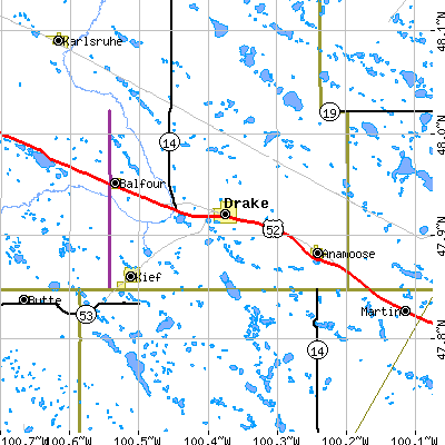 Zip code 58736 close-up map