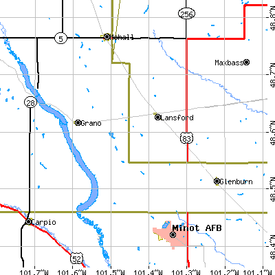 Zip code 58750 close-up map