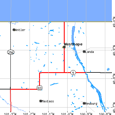 Zip code 58793 close-up map