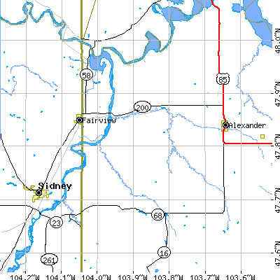 Zip code 58838 close-up map