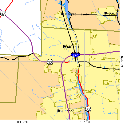 Zip code 43016 close-up map